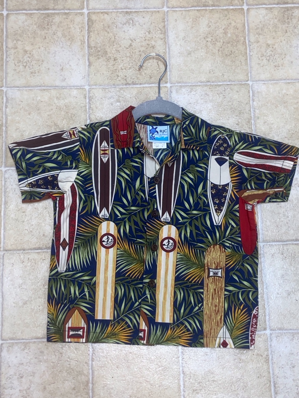 VTG, Kids RJC Made In USA Hawaiian Surfboard Camp Shirt - Green Brown & Red Sz,5
